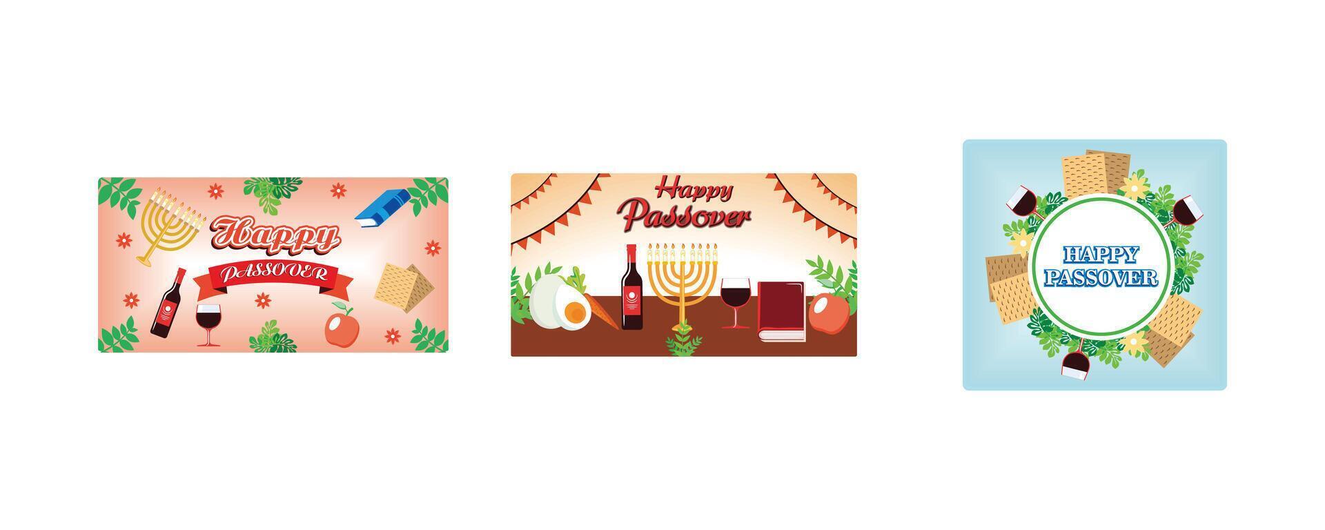 Easter greeting card banner. Happy passover horizontal banner with vegetables, holy book, and drink. Pesach template for design with matzah and spring flowers. Set flat illustration vector