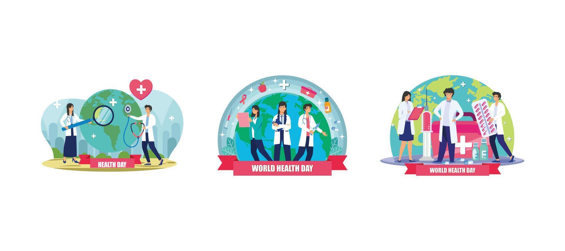 Some Doctors are checking the health of the earth with a stethoscope. Group of medical staff standing celebrating world health day. World Health Day concept. Set flat modern illustration vector