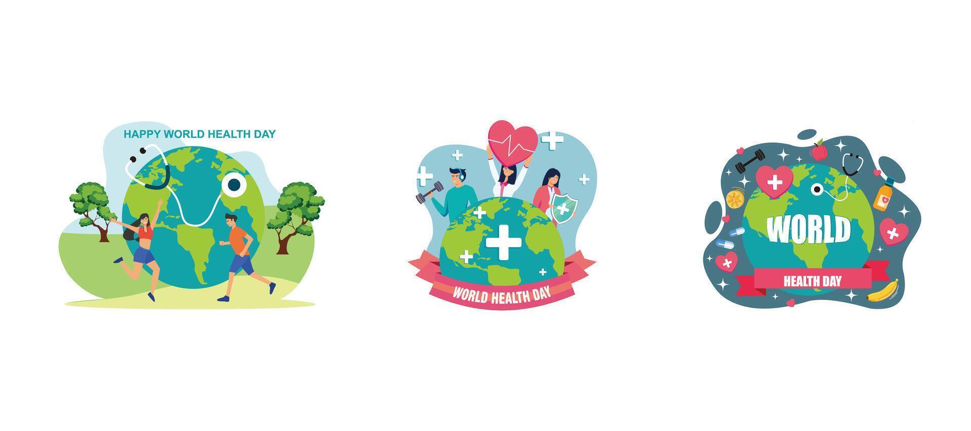 World Health Day is celebrated on April 7. Group of people around the world living a healthy lifestyle World Health Day. The Importance of Health and Lifestyle. Set flat modern illustrations vector