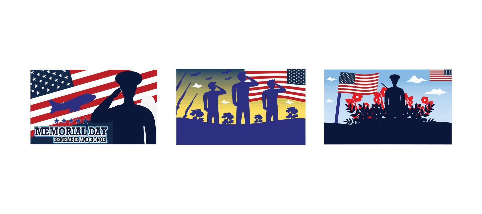 Memorial day. Remember and honor. Greeting card for Veterans Day, Memorial Day, Independence Day. Silhouette of a soldier with red poppies for Memorial Day. Set flat modern illustration vector