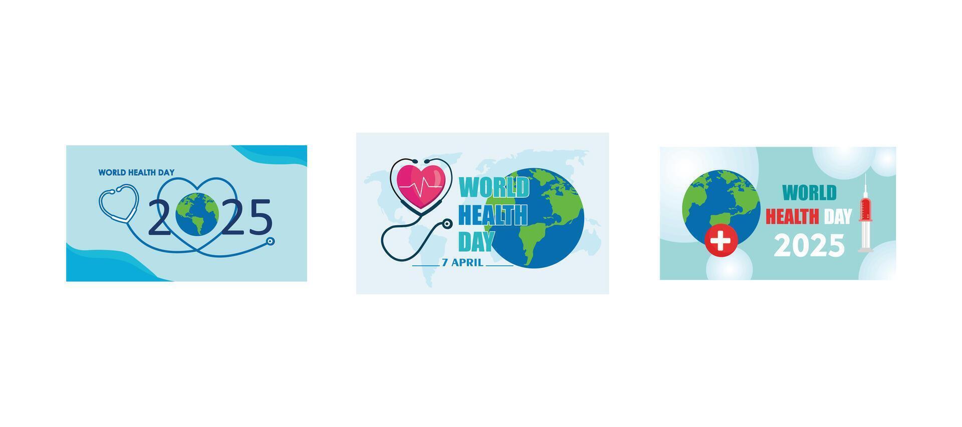 World Health Day is a global health awareness day celebrated every year on April 7 2024. World Health Day with doctor's stethoscope. World health day concept. Set flat modern illustration vector