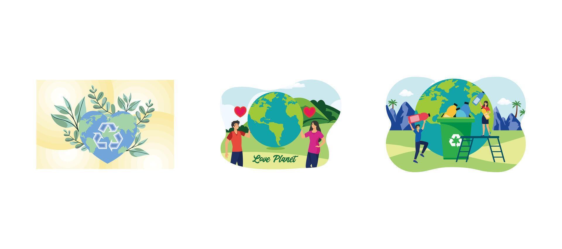 Earth Day Celebration. Happy Earth Day April 22. Metaphor of love for our planet, caring for nature. Clean planet garbage recycling and saving the planet concept. Set flat modern illustration vector