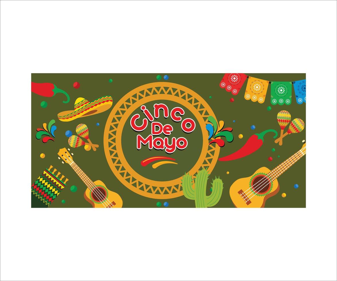 Cinco de Mayo for Mexican independence celebration with traditional paper cut flags and other holiday symbols. Cinco de Mayo calligraphy inscription. Flat modern illustration vector