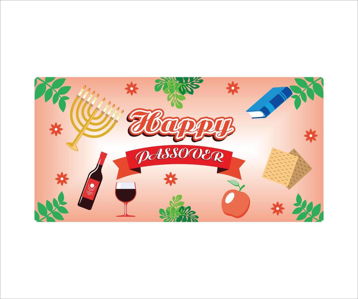 Easter greeting card banner. Pesach poster with matzo, wine bottle, candles, books, spring flowers. Jewish holiday horizontal invitation, flyer, brochure for event. Flat modern illustration vector