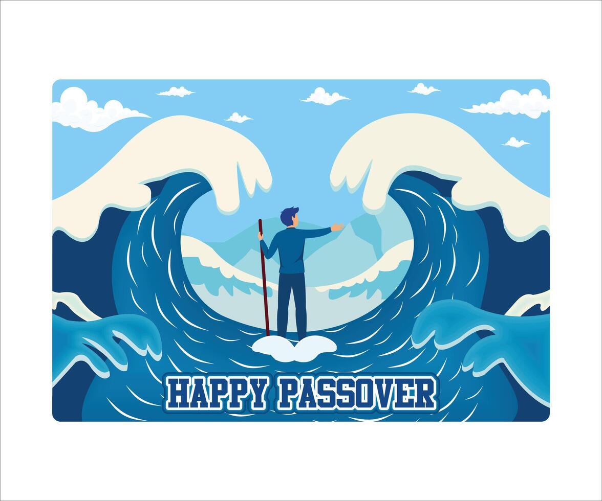 Passover Exodus from Hebrew Egypt. Happy Easter Poster Jewish Holiday Pesach. Moses parting the Red Sea, the Israelites crossing on dry land, the waves of the sky. Flat modern illustration vector