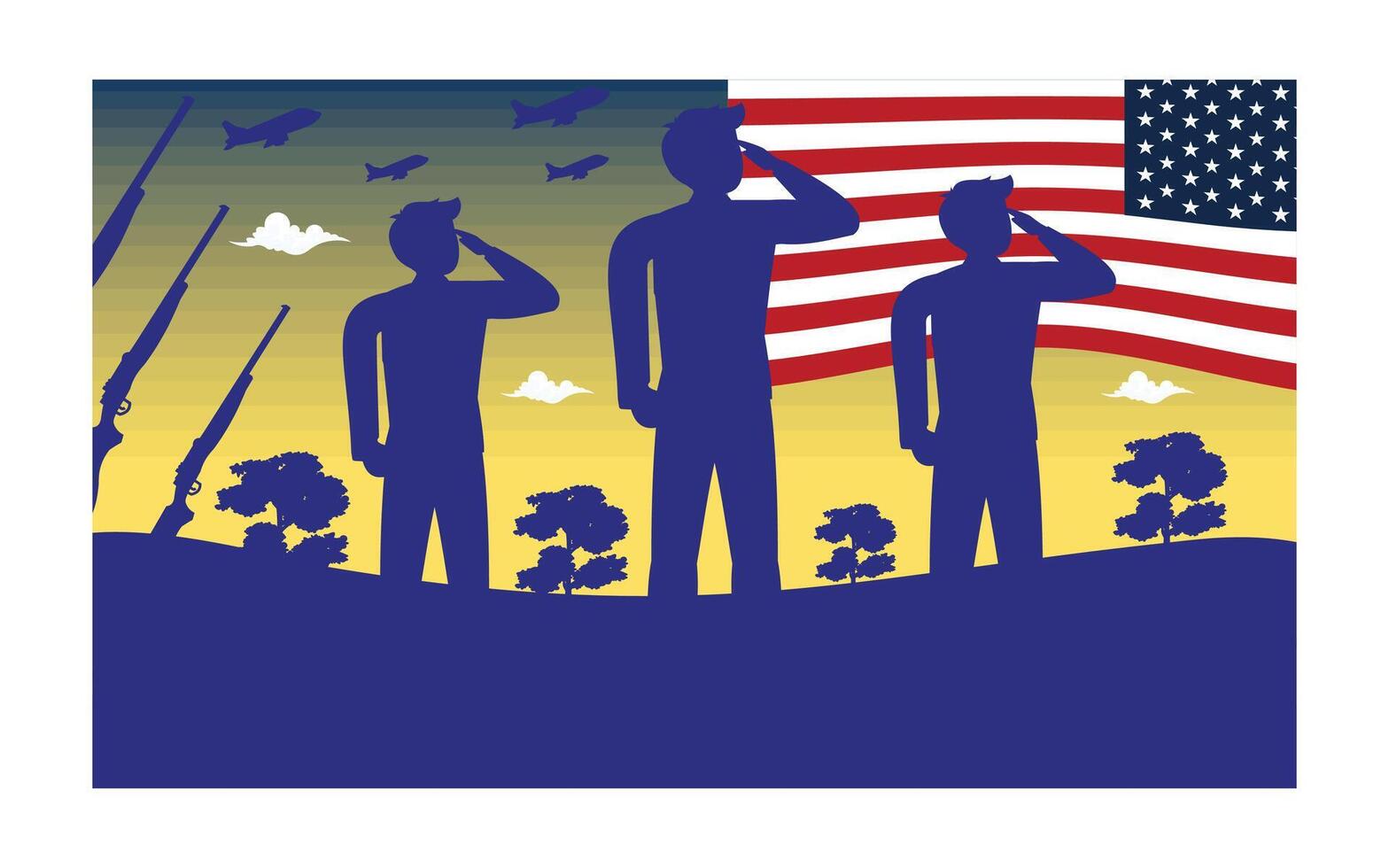 Silhouettes of army soldiers with USA flag. Greeting card for Veterans Day, Memorial Day, Independence Day. Armed Force concept. flat modern illustration vector