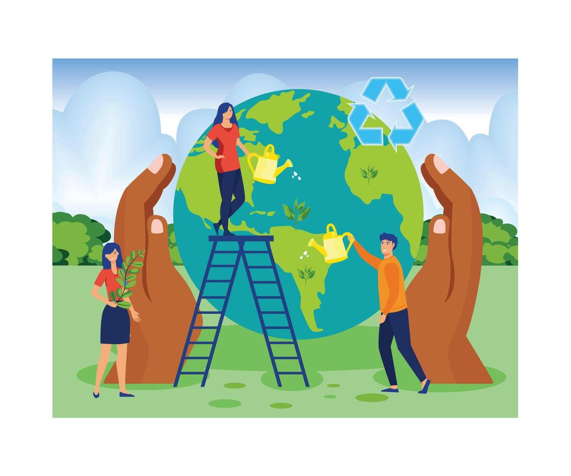 Save the planet. A group of people or ecologists care for the earth. Environmental protection, renewable energy. flat modern illustration vector