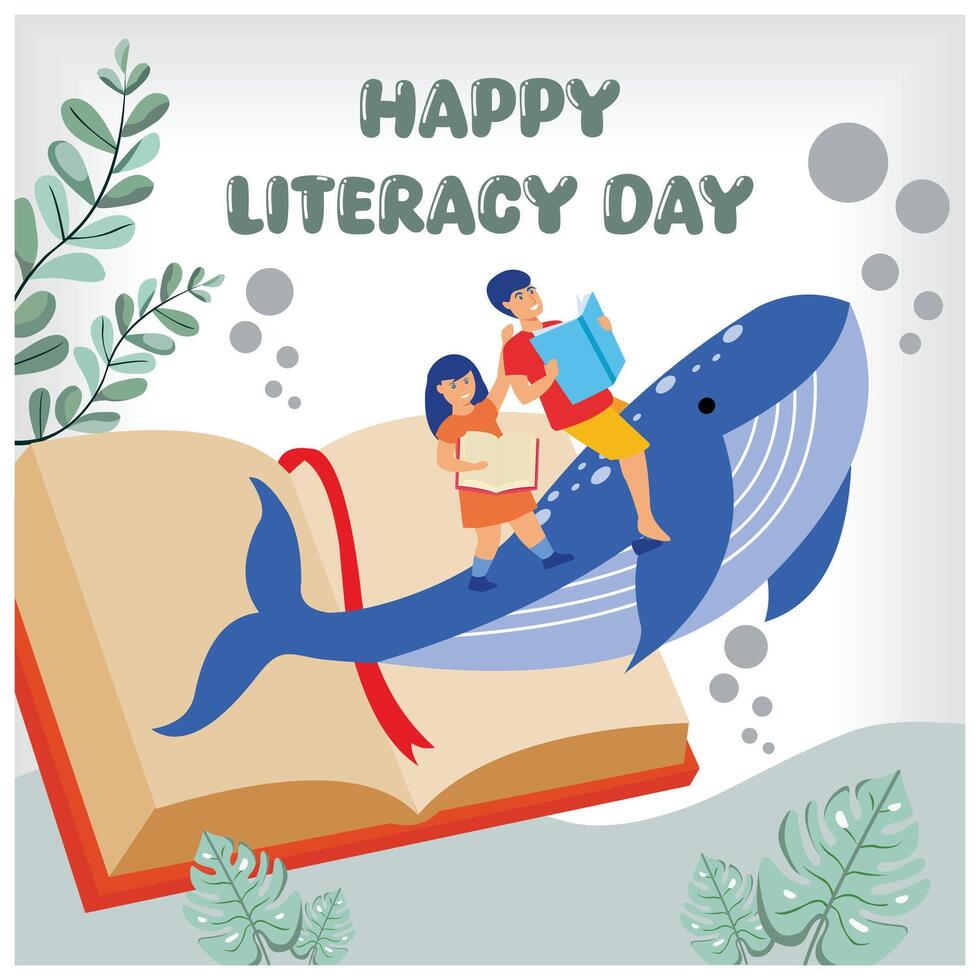 Happy Literacy Day. Concept of Children Imagination, Reading Books Becomes an Adventure of Fantasy and Imagination. Flat modern illustration vector