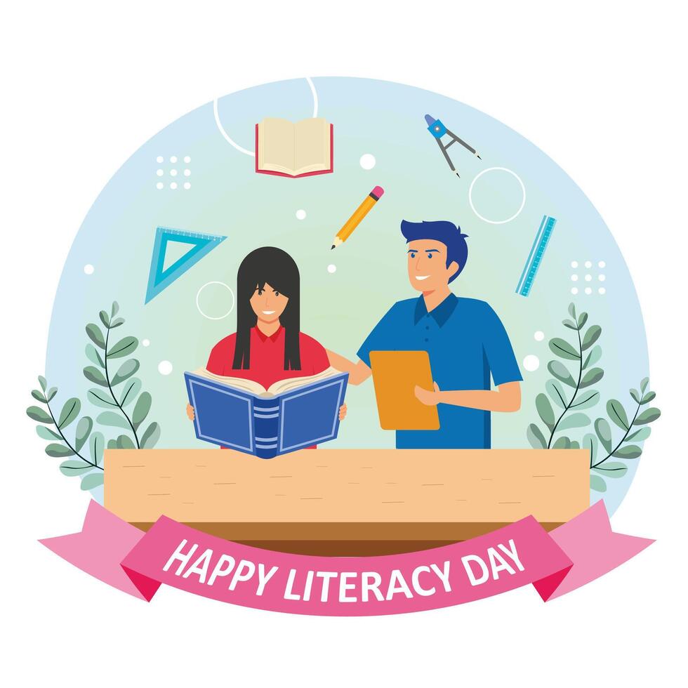 People celebrate international literacy day and students' happy day, by working on computers, and reading books. Flat modern illustration vector