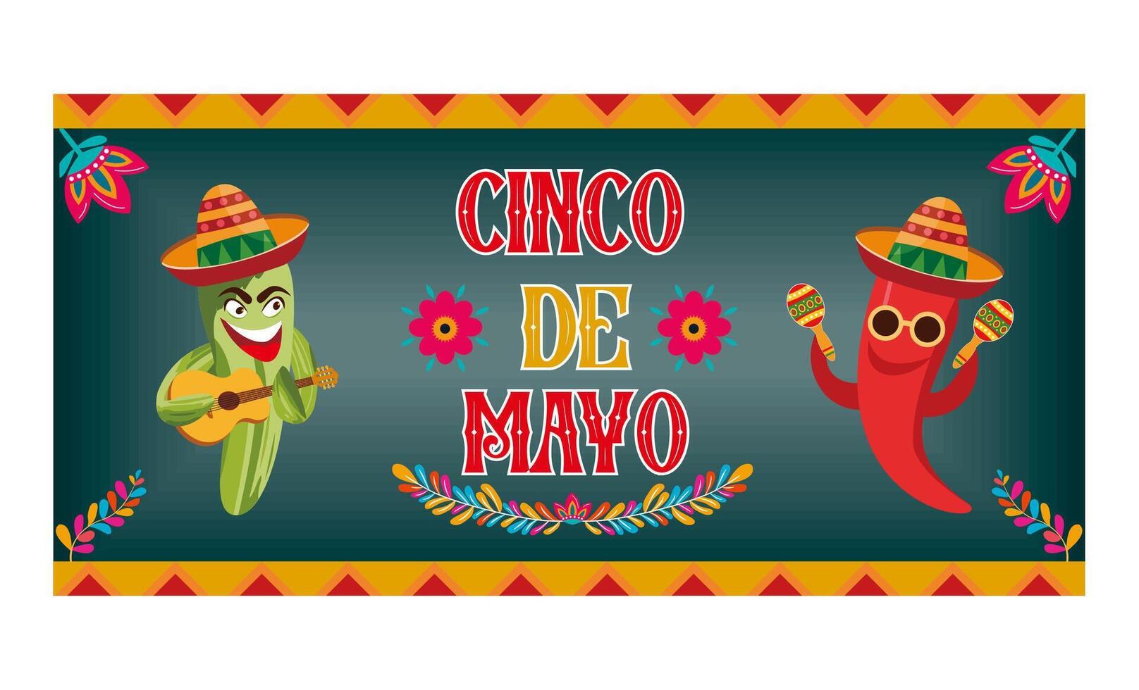 Cinco de Mayo banner with cheerful mustachioed cactus shaking maracas, cheerful chili in sombrero playing guitar. flat modern illustration vector