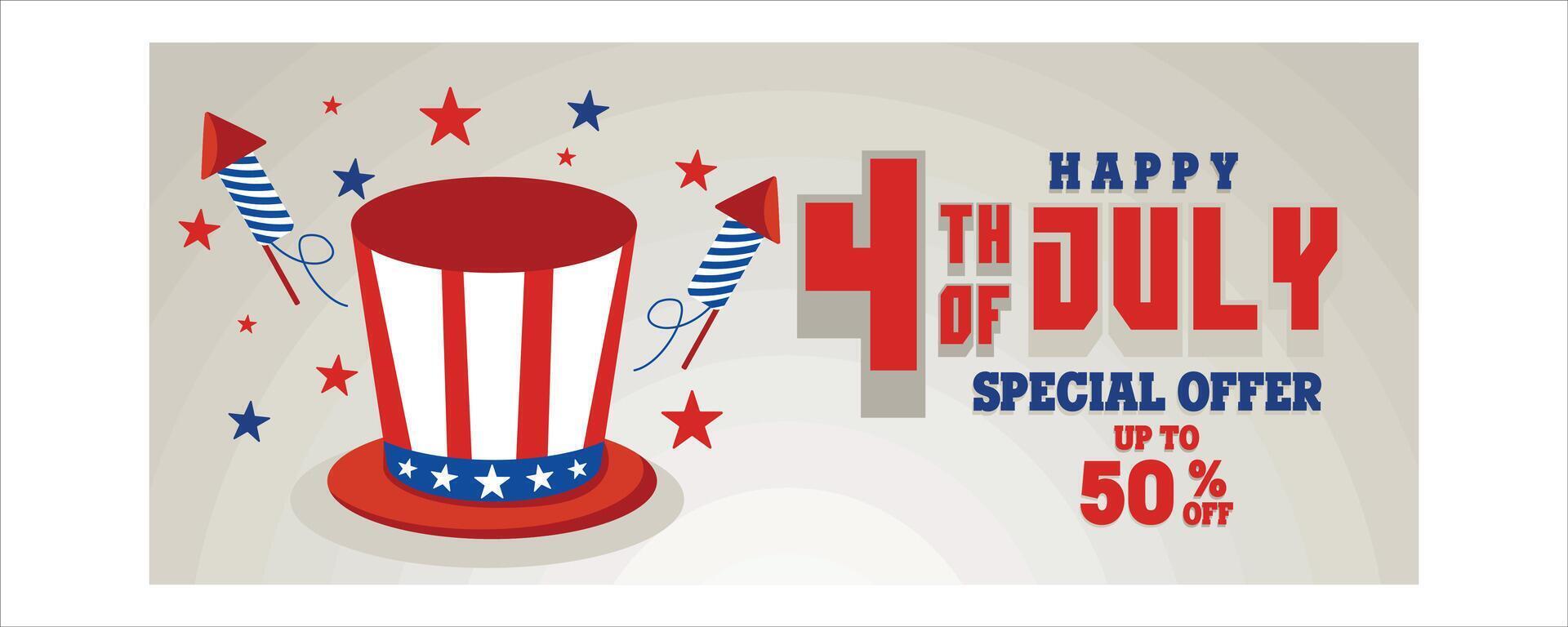 US independence day celebration with American hats and Uncle Sam Fireworks rockets. 4th of July promotion advertising banner template. flat modern illustration vector