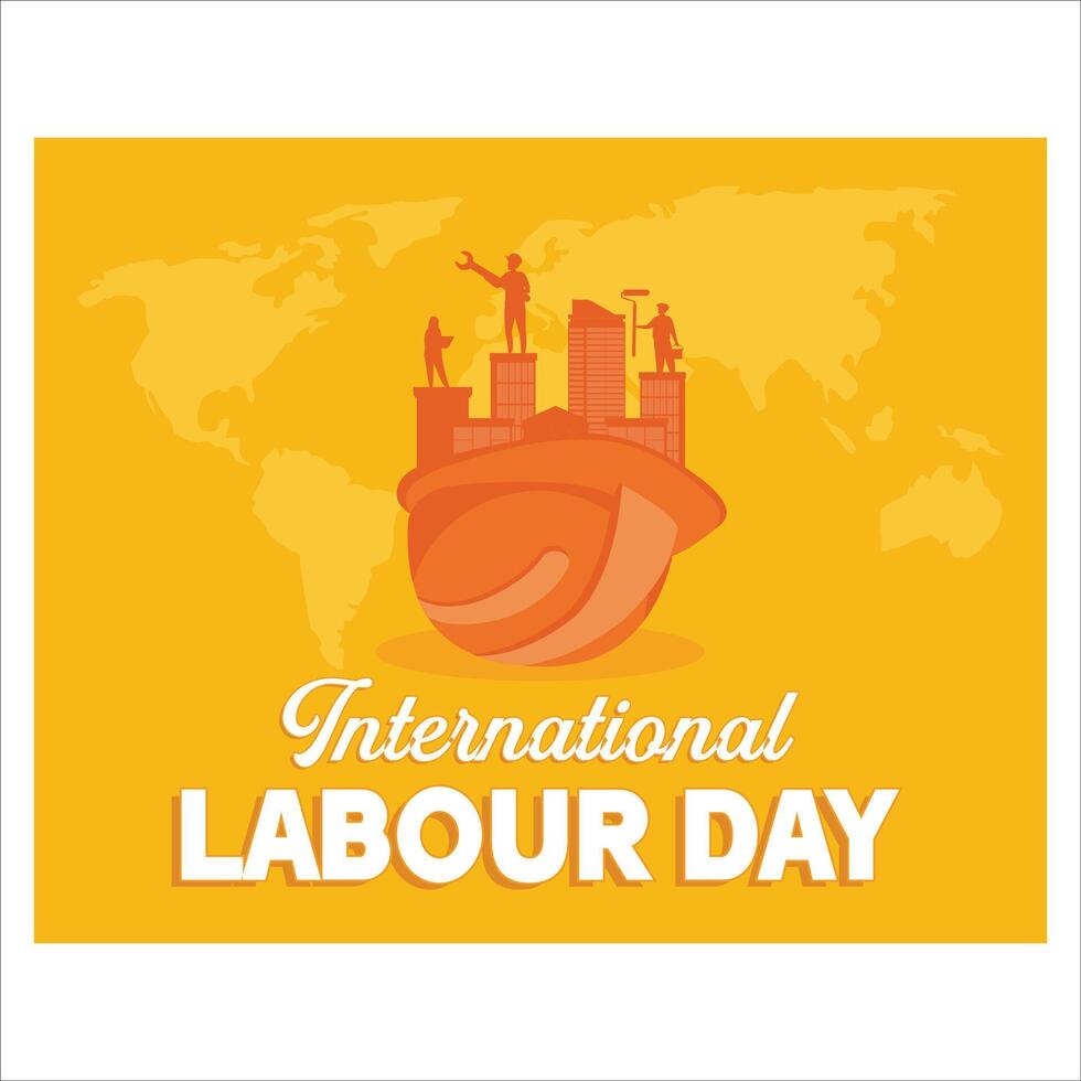International Labor Day Concept. Happy Labour Day Typography with a group of workers and Safety Helmet. Poster banner template design. flat modern illustration vector