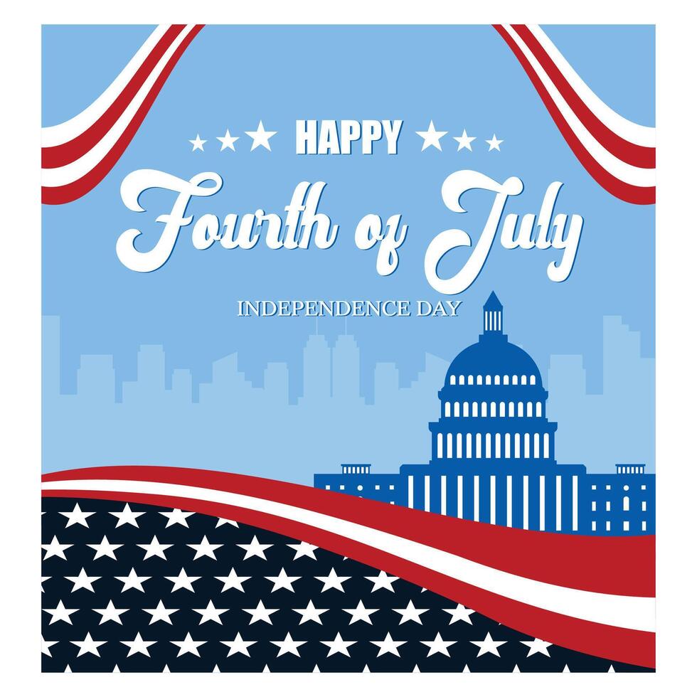 4th of july independence day poster, with greetings, ribbon waving usa flag and famous american landmarks in the background. flat modern illustration vector