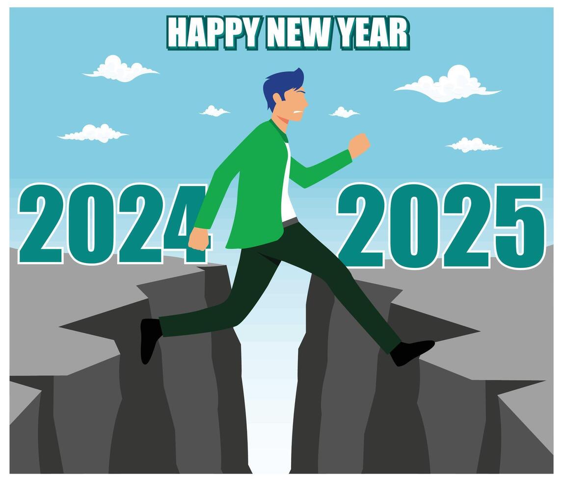 Welcome Merry Christmas 2025. A young man jumps between 2024 and 2025 above the sun and through the gap in the silhouette of the hill. flat modern illustration vector