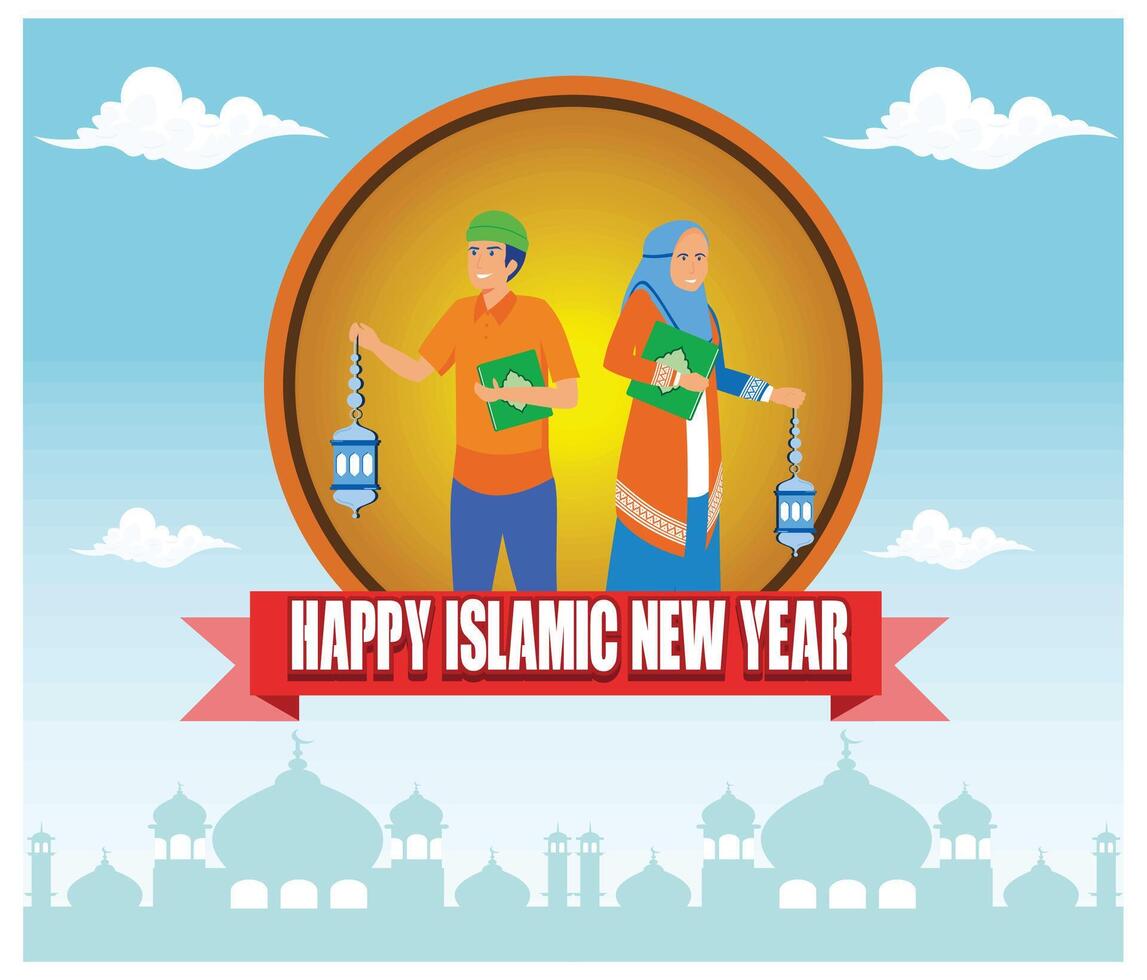 Muslim couple celebrating Islamic New Year with lanterns and Qur'an. Happy 1st Muharram Islam New year or Hijri New Year. flat modern illustration vector
