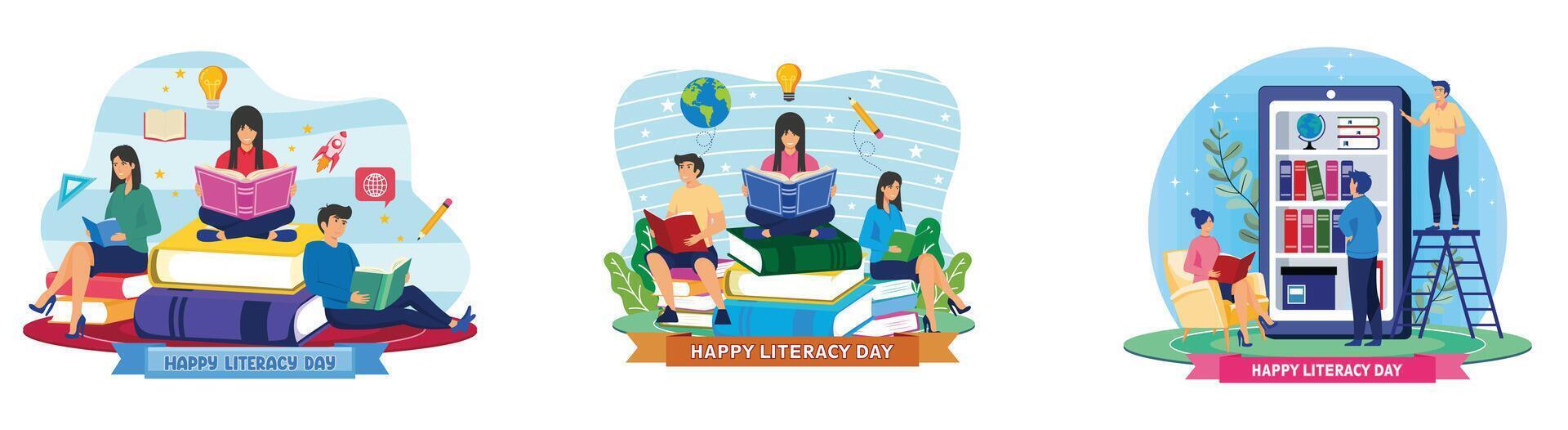 Happy Literacy Day. People are reading books to celebrate International Literacy Day on the 8th of September. People read books in digital library. Set flat modern illustration vector