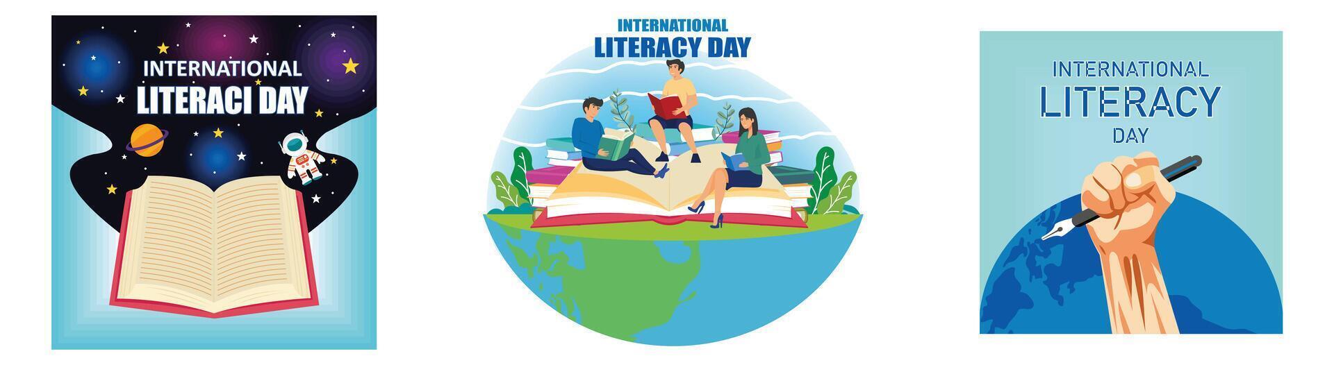 International Literacy Day Square with open book and outer space. World Literacy Day. International Literacy Day design template good for celebration. Set flat modern illustration vector