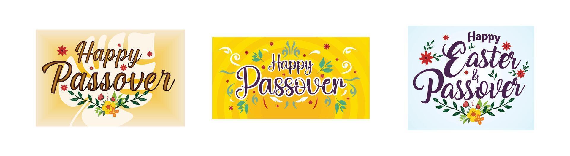 Happy Passover. Handwritten happy Easter with flowers. Happy Easter and Passover. Hand lettering text with eggs, flowers and leaves. Set flat modern illustration vector