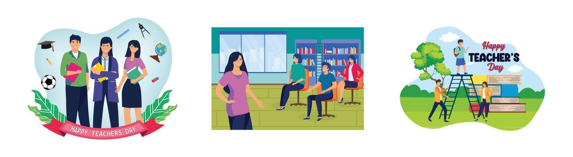Happy Teacher's Day with the group of teachers. Portrait of smiling female teacher standing with hands on hips amidst students in class. happy teachers day. Set flat modern illustration vector