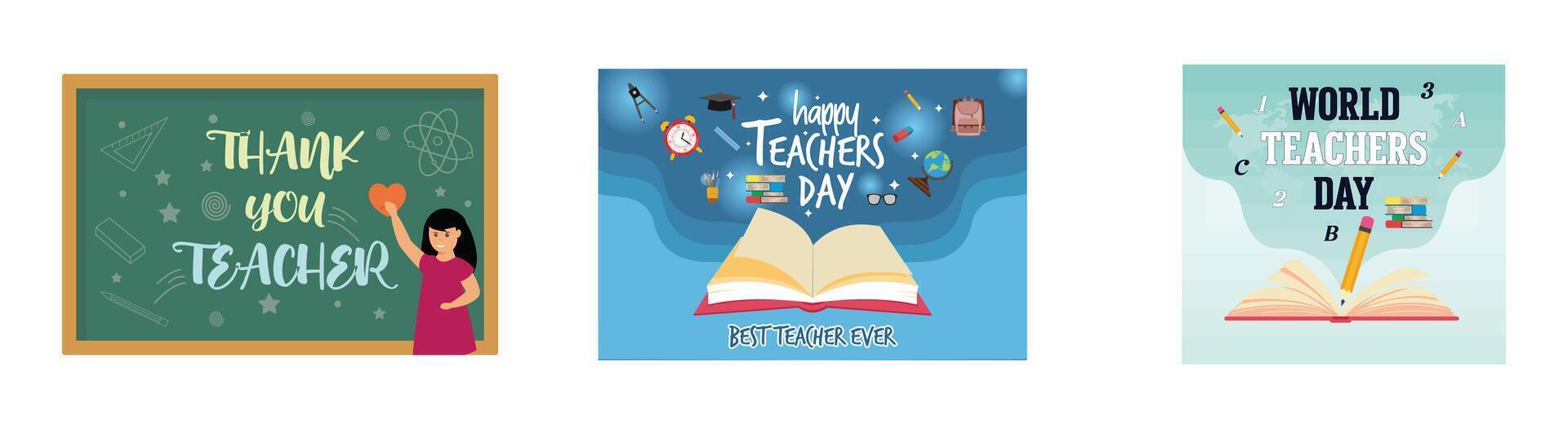 World teachers day thank you teacher greeting card. Happy teachers day banner with school equipment. Open book with education icon. Set flat modern illustration vector