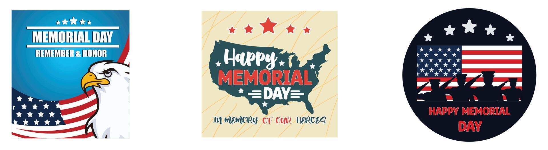 American flag with bald eagle. Happy Memorial Day with USA map silhouette sketch. American flag and soldiers saluting on black background. Happy Memorial Day. Set flat modern illustration vector