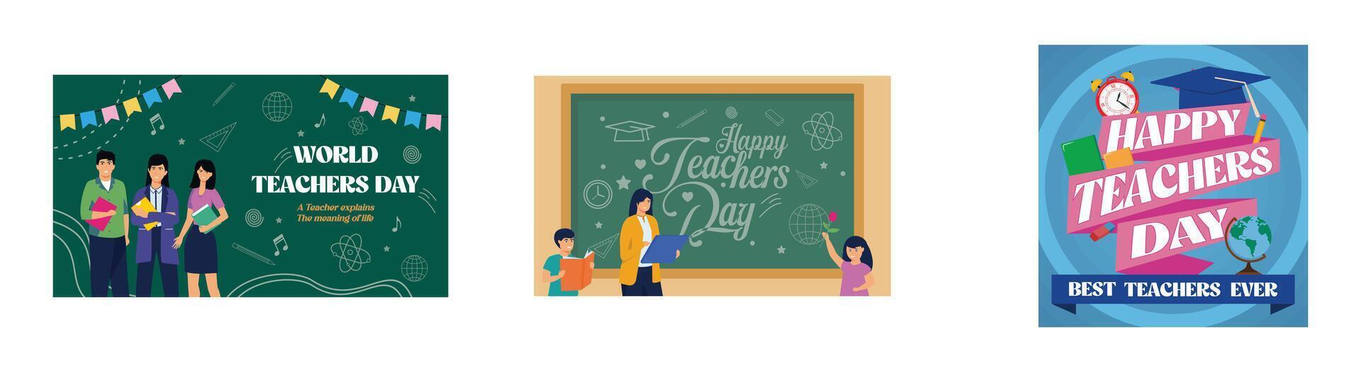 Group of teachers standing with educational doodles. Female teacher gets gifts from her students. Happy teachers day with education icons. Set flat modern illustration vector