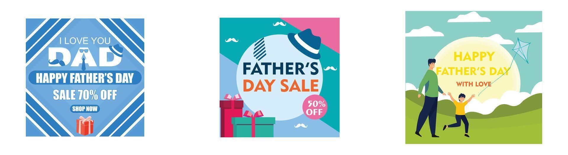Father's Day Sale Poster with gift box. Promotion and shopping template for Father's Day. Funny Father's Day card of father and son and walking together. Set flat modern illustration vector