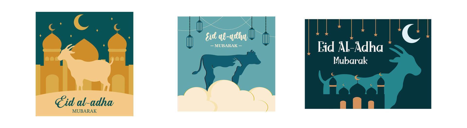Eid Al-Fitr Mubarak. Eid Al Adha Mubarak celebration banner with moon and cow. Silhouette image of mosque and goat with glowing lantern for Eid Al Adha Mubarak. Set flat modern illustration vector