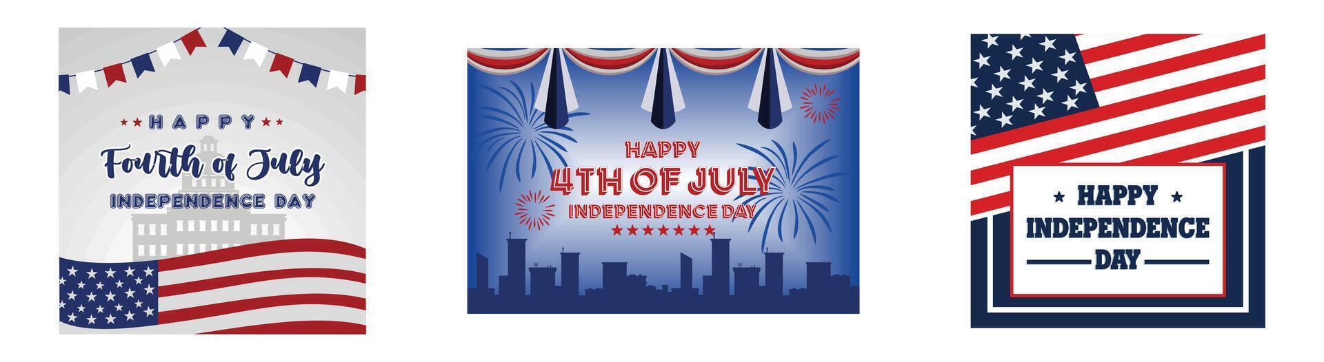 July independence day with the greeting, USA flag. US 4th of July independence day. Memorial Day greeting card. Set flat modern illustration vector