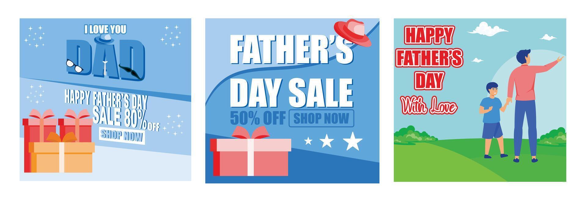 Father's Day Sale Poster with tie, hat, glasses and gift box. Promotional template for Father's Day. Cute Father's Day card flying a kite and walking together. Set flat modern illustration vector