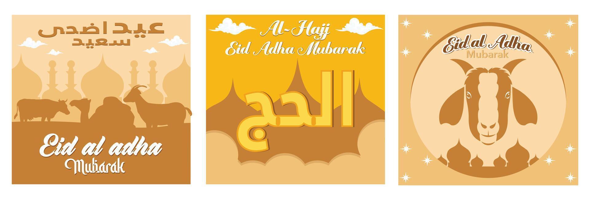 Eid Al Adha cute calligraphy. Al Hajj or Eid Al Adha Mubarak Card Template with Creative Arabic Calligraphy. Eid Al Adha Background. Set flat modern illustration vector