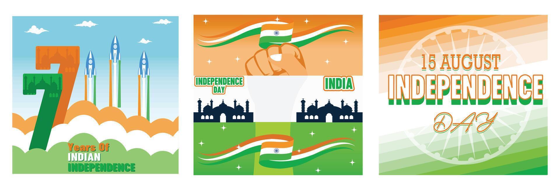 Tricolor banner with Indian flag for 77th Indian Independence Day. Happy Indian independence day. Creative for Indian independence day 15 August with Ashoka Wheel. Set flat modern illustration vector