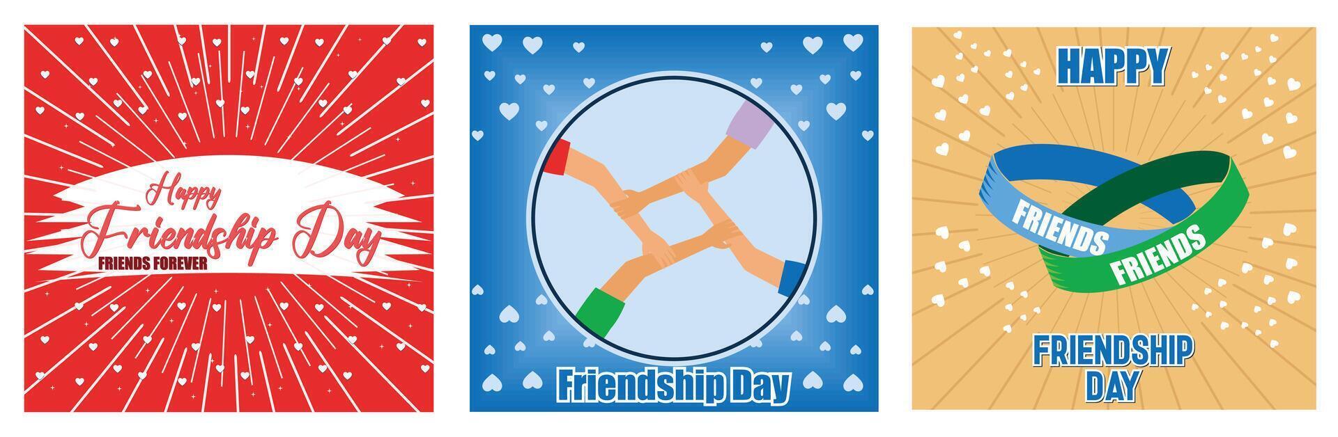Creative text Happy Friendship Day. Diverse international group support. Happy friendship day greeting card with two bracelets symbolizing friendship. Set flat modern illustration vector