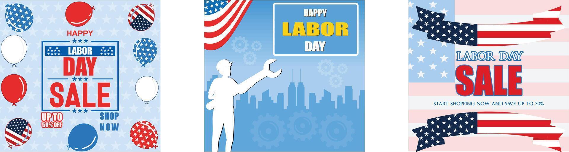 US Labor Day Sale poster template. A construction worker holds equipment and a US flag in his hands. USA national federal holiday header design. Set flat modern illustration vector