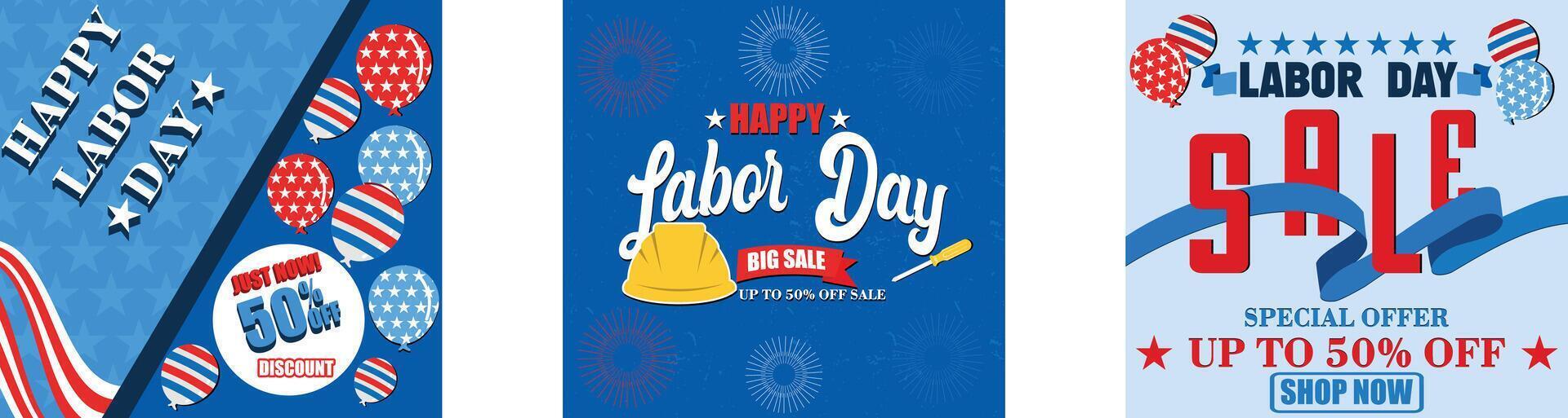 Labor Day 50 percent off sale promotion. Fireworks banner for labor day sales promotion advertising. American labor day Brochures,Poster or Banner. Set flat modern illustration vector