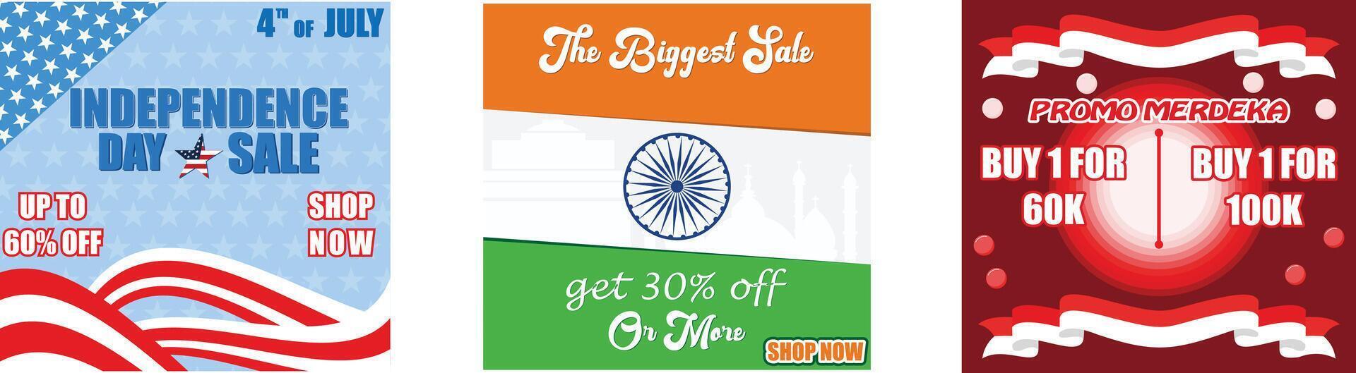 US independence day sales promotion. Biggest Sales and Discounts. View of the podium for Indonesia's independence day, August 17 with a red and white flag. Set flat modern illustration vector