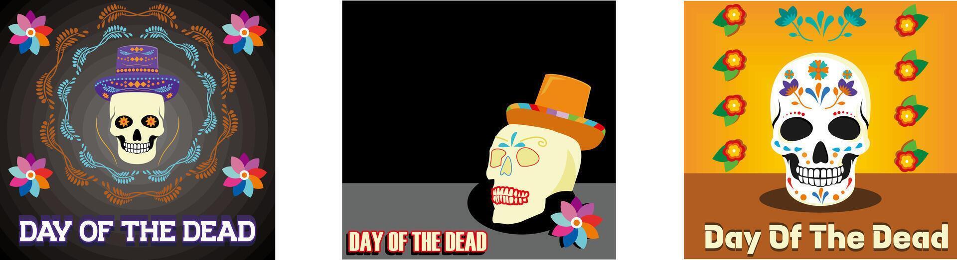 Day of the dead party, skull or halloween holiday. Flowers and sombrero on light background. Human skull painted for the Mexican Day of the Dead El Dia de Muertos. Set flat modern illustration vector