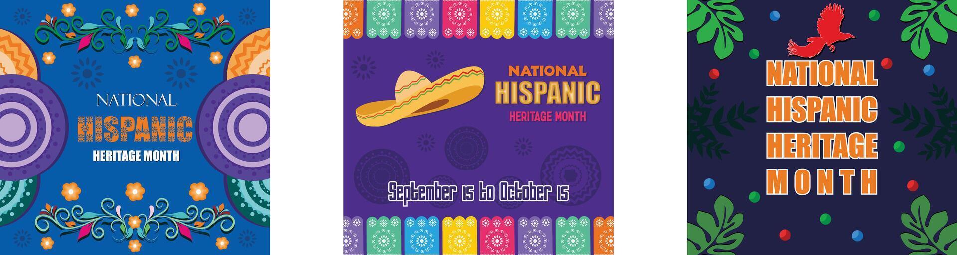Showcases rich cultural traditions and Spanish event celebration. National hispanic heritage month. Greeting with national Hispanic heritage month text. Set flat modern illustration vector