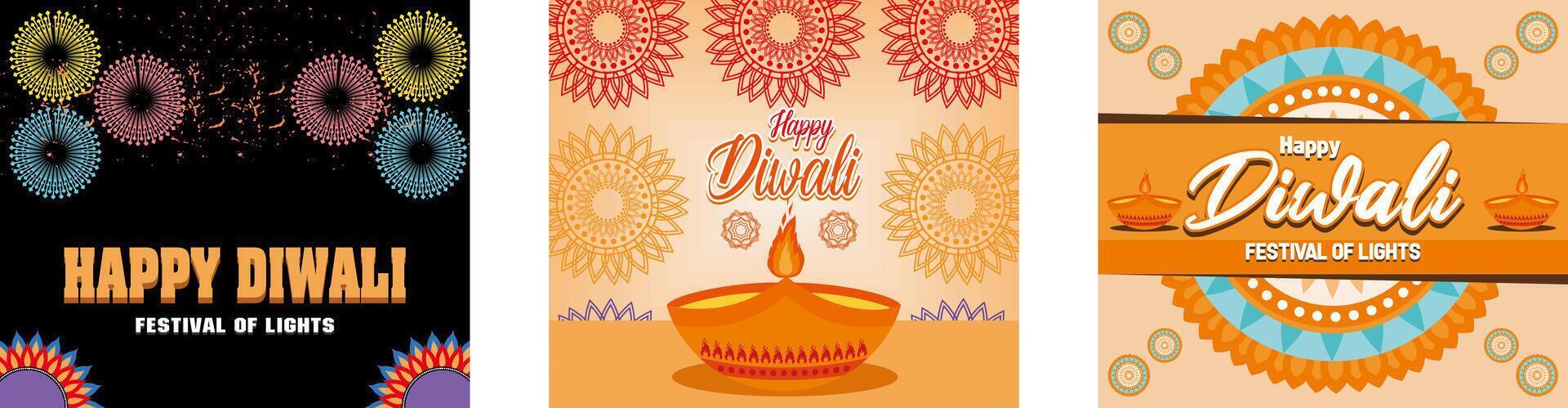 Fireworks festival for diwali. Diwali festival greeting card with beautiful oil lamp. Indian People Celebrate Diwali Festival With Firecrackers. Set flat modern illustration vector