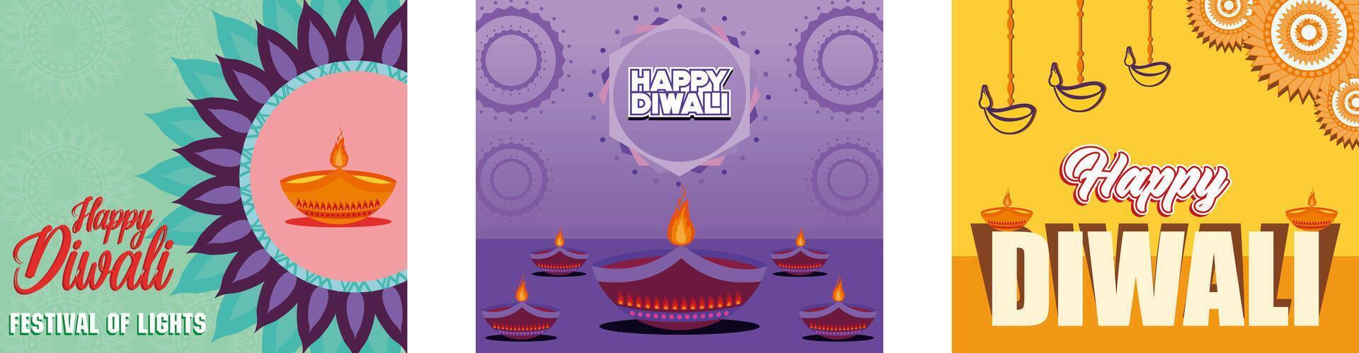 Happy Diwali. Diwali and mandala floral elements background. Happy diwali festival celebration with decorative lamp. Happy Diwali With Oil Lamp. Set flat modern illustration vector