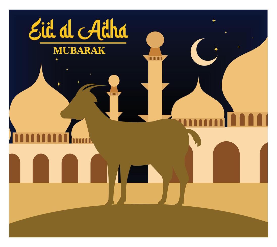 Eid al-Adha Greeting Card with Goat and Mosque Under Crescent Moon. vector