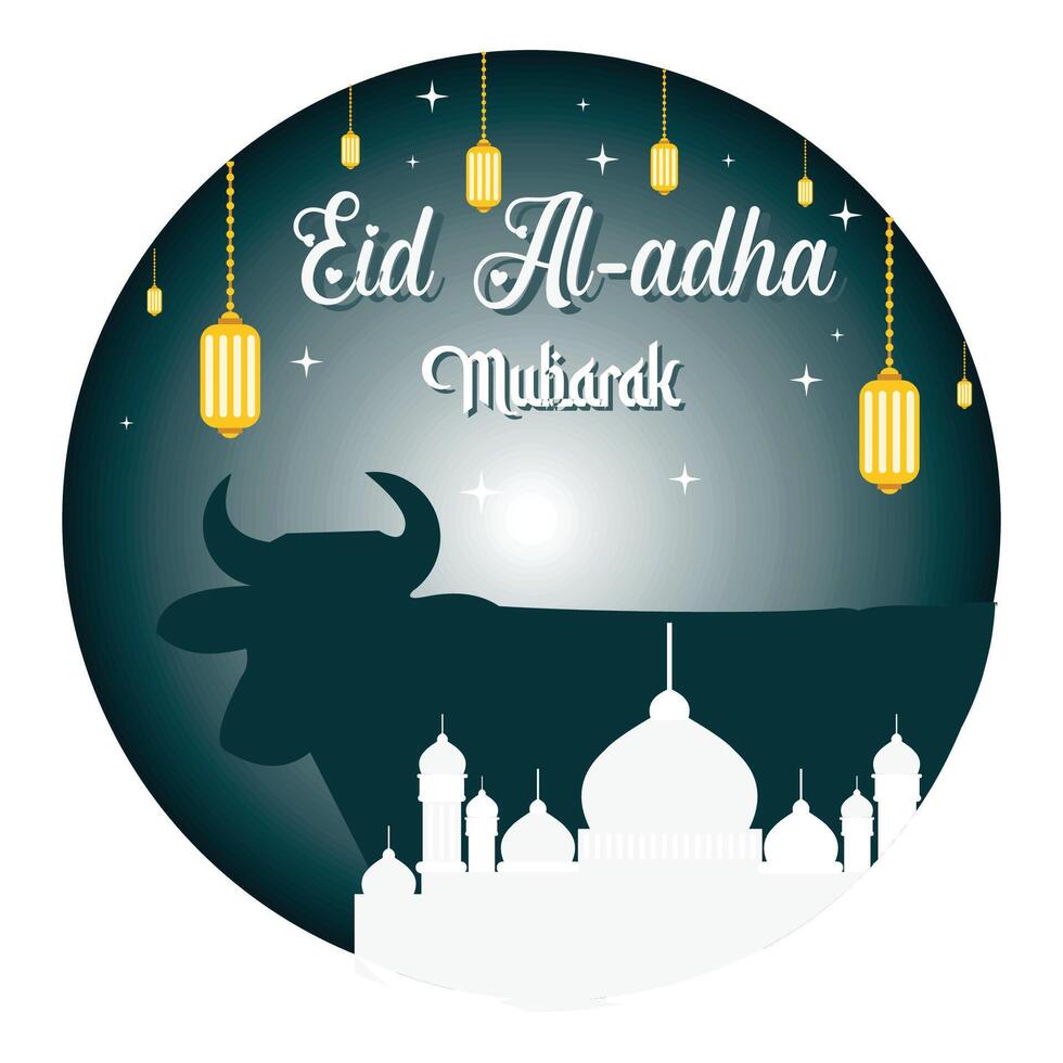 Eid al-Adha Celebration Graphic Design Featuring cows and hanging lanterns. vector