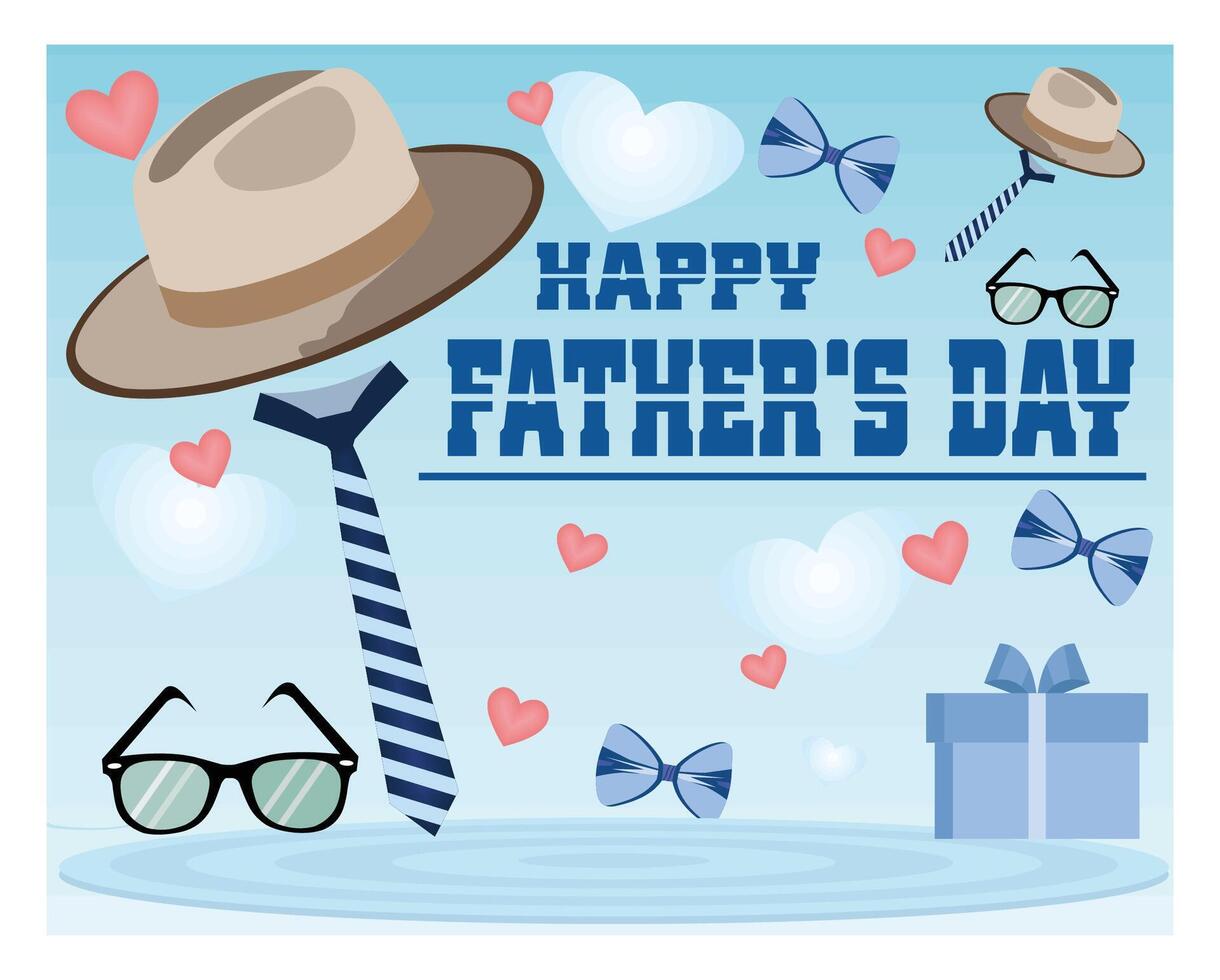 Happy Father's Day with hat,necktie and gift box on blue background. vector
