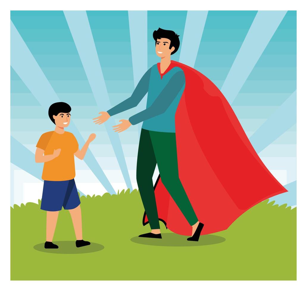 Superhero Happy Father's Day with his son. vector