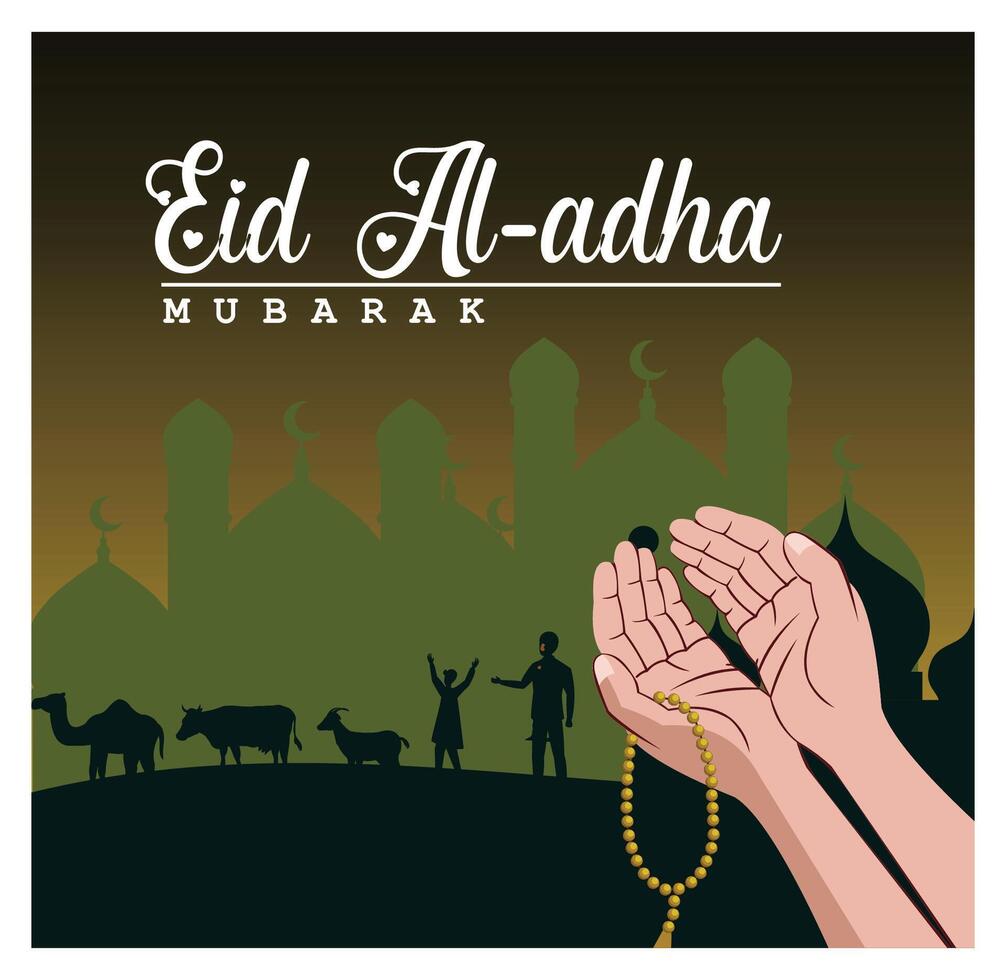 Eid al adha ramadan design with hand praying hands. vector