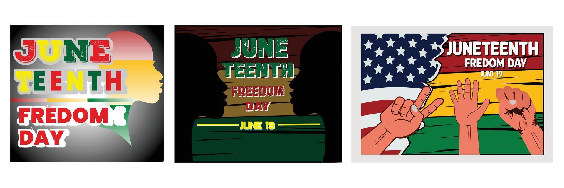PrintJuneteenth Freedom Day. Independence Day June 19. Flags and three Raised Hands. Set flat modern illustration vector
