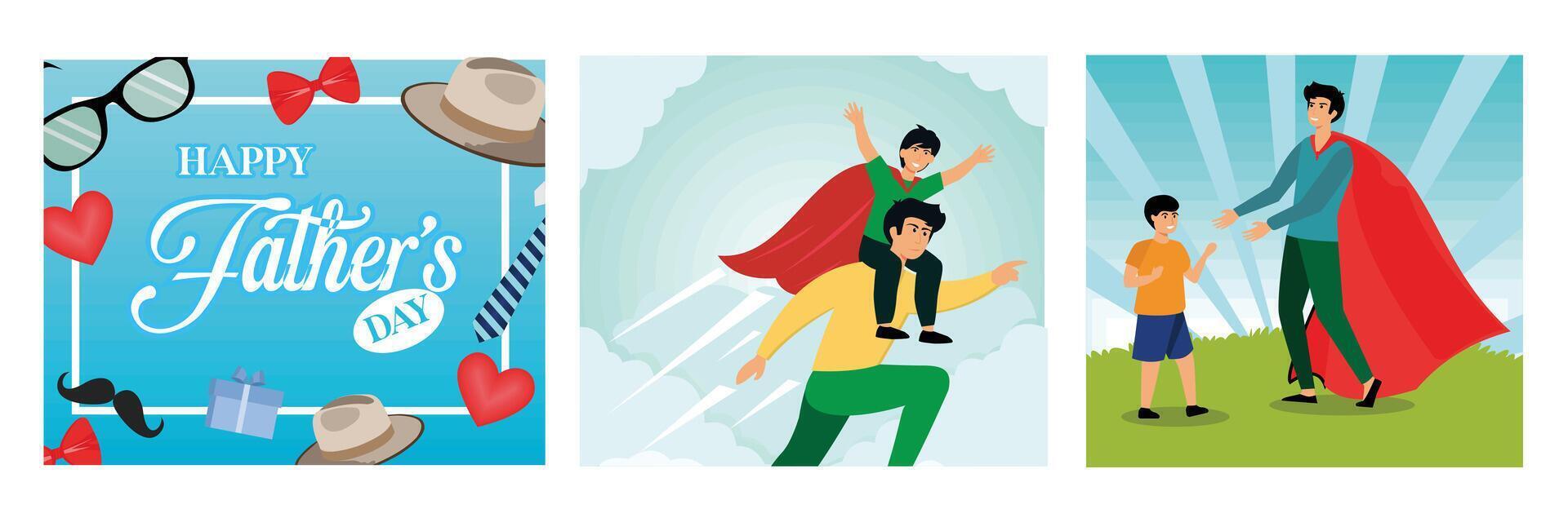 PrintHappy Father's Day greeting card. Father in superhero costume carries his son on his shoulders. Superhero Happy Father's Day with his son. Set flat modern illustration vector