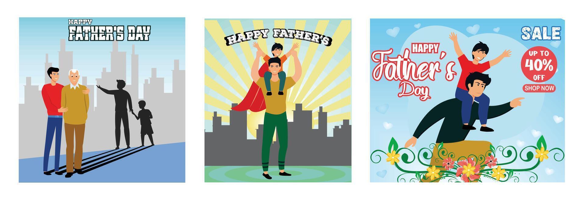 Generations and Family Bonding in Urban Setting. Dad in superhero costume holds son. Sale Poster Happy Father's Day with Family. Set flat modern illustration vector