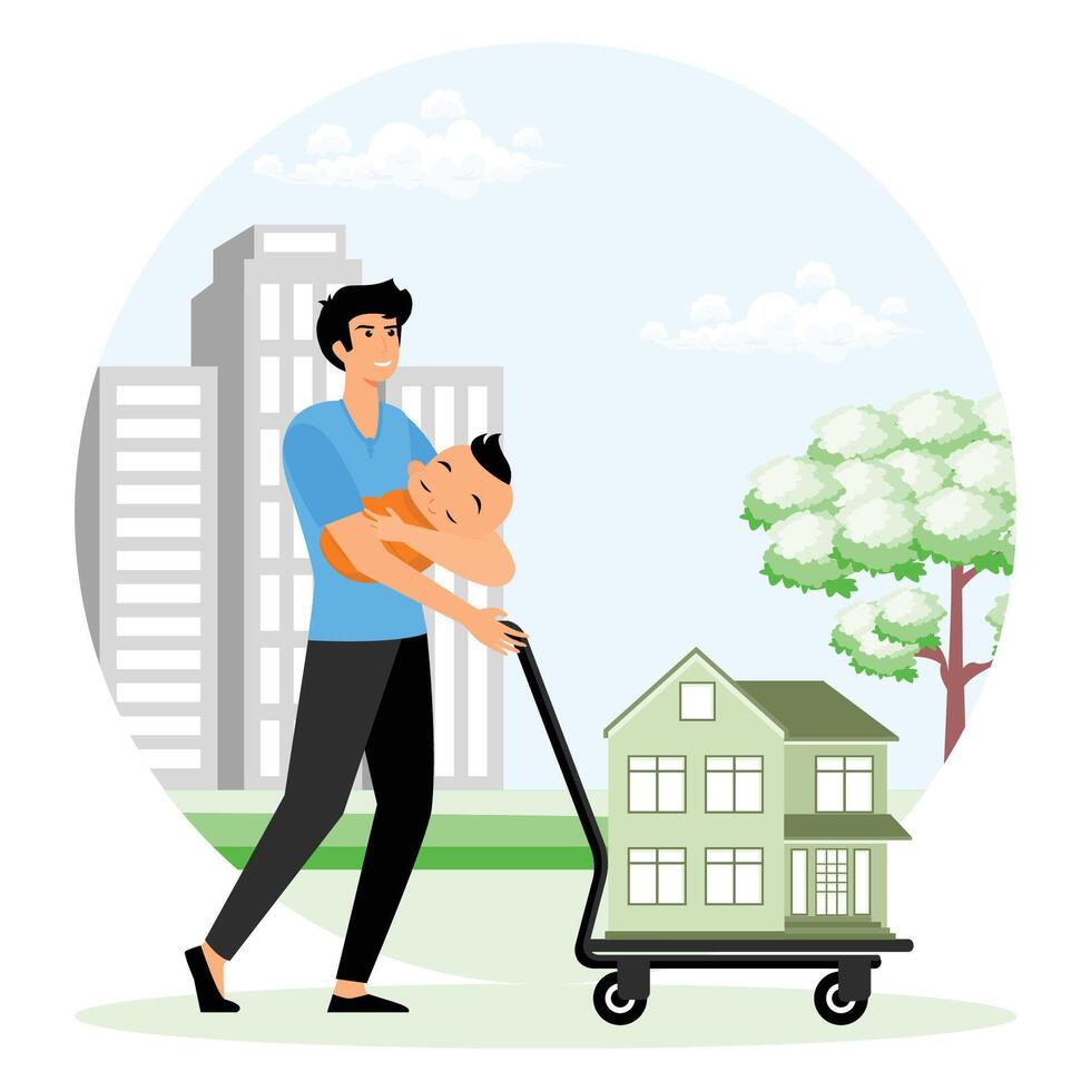 Father Carrying Baby While Moving Model House on Hand Truck Outdoors. vector