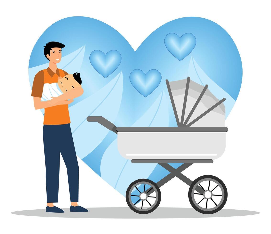 Happy Father Holding Baby With Stroller and Heart. vector